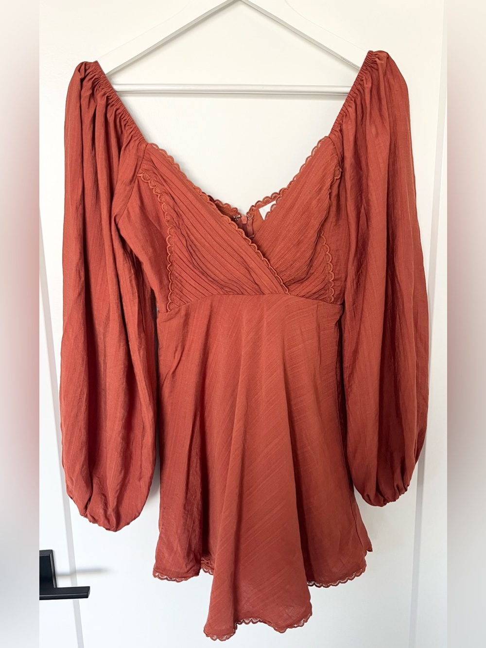 Hello Molly Rust Mini Dress Long Puff Sleeve Pleated Lace Trim Boho Romantic XS